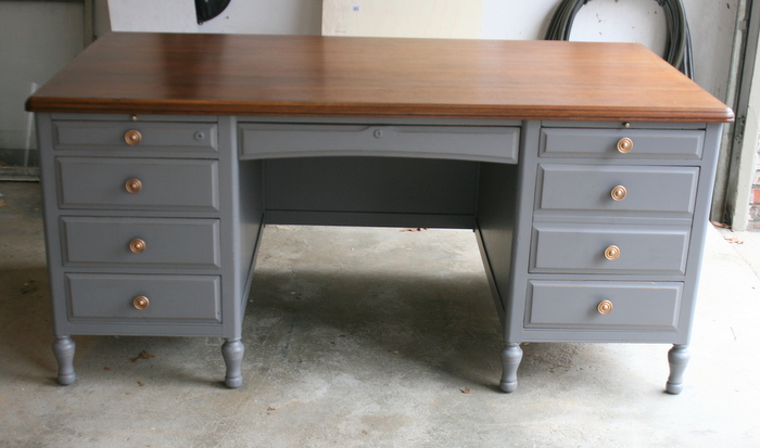 grey desk with leather pulls