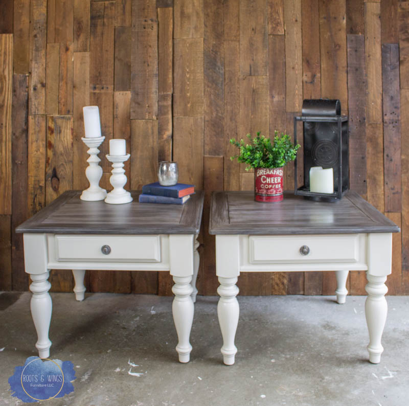 farmhouse end table makeover, barn wood finish, barnwood paint finish, greywood stain, roots and wings furniture 